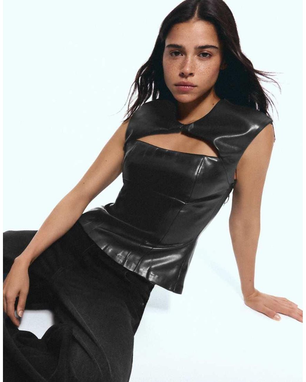 Bershka Blue Sleeveless Leather Effect Cut-out Top