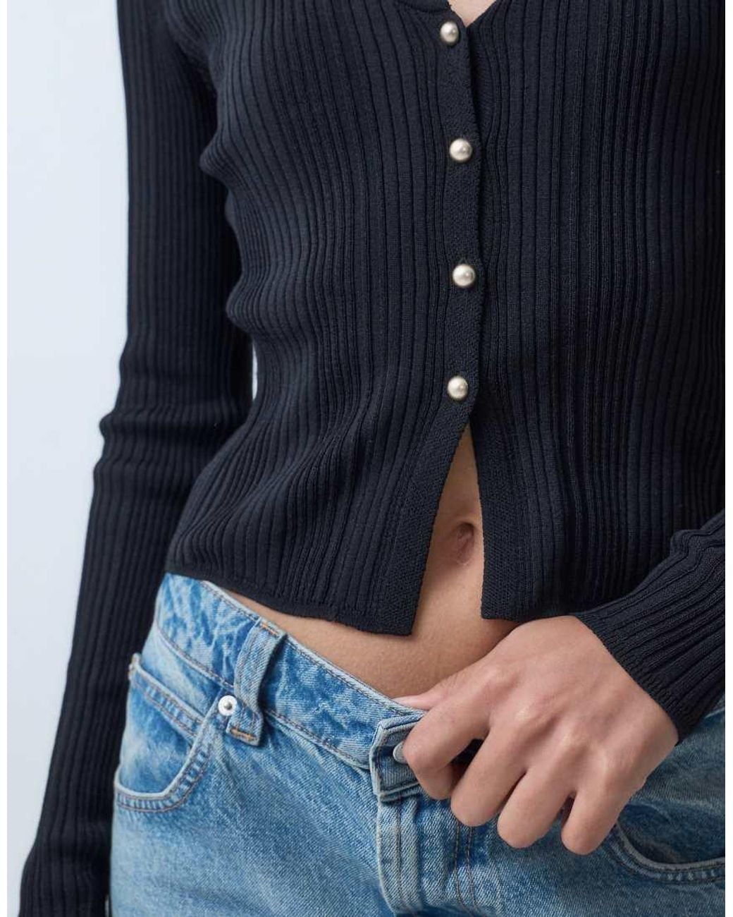 Miss Selfridge Blue Fine Knit Rib Top With Buttons
