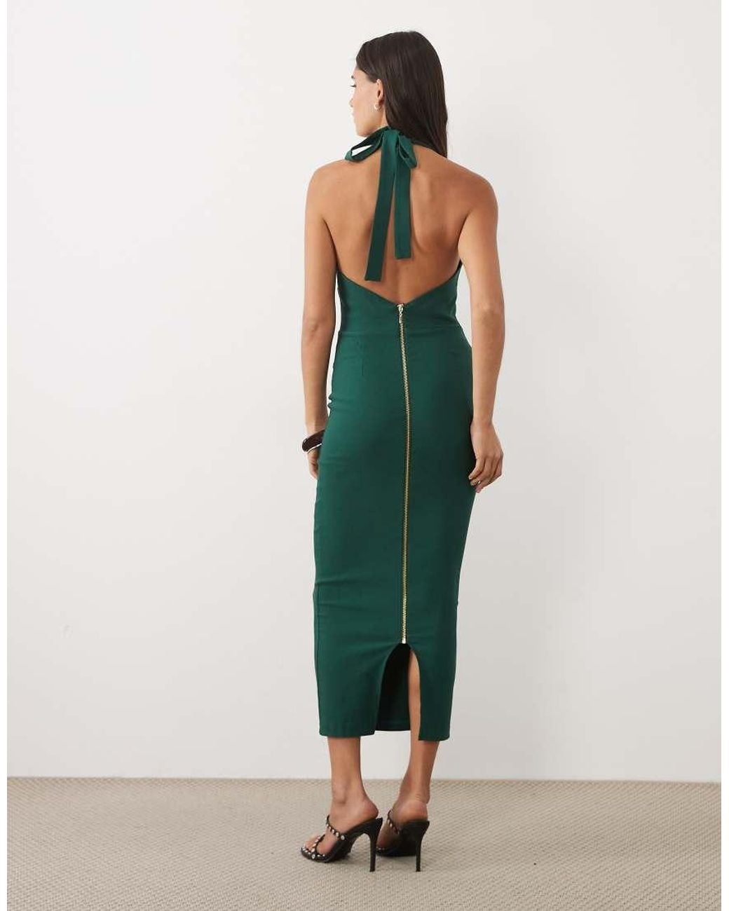 Vesper Green Bengaline Scoop Halterneck Tie Detail Midi Dress