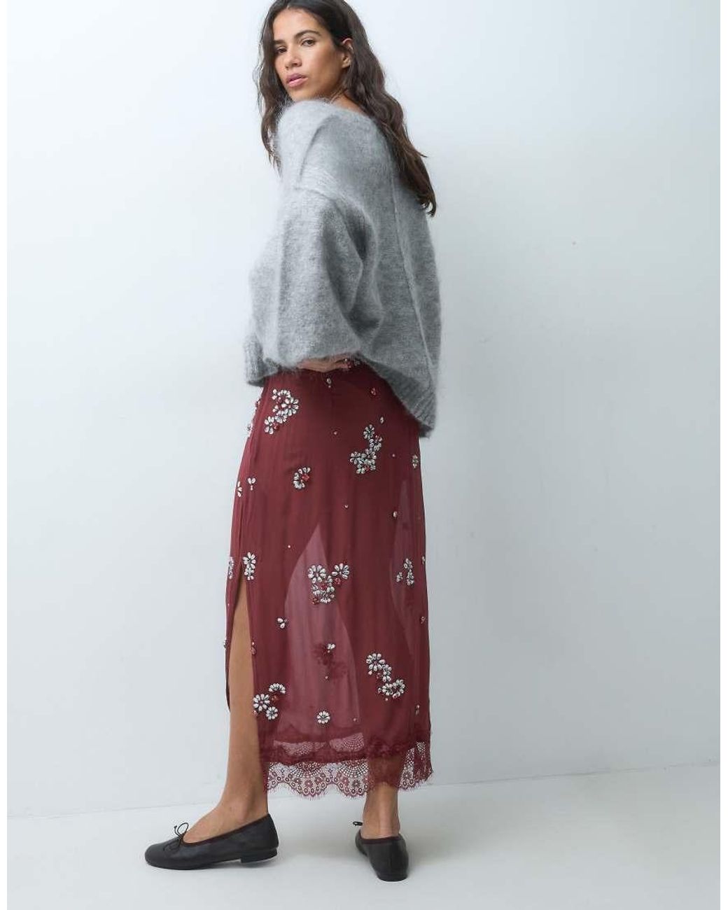 ASOS Gray Embellished Midi Skirt With Lace