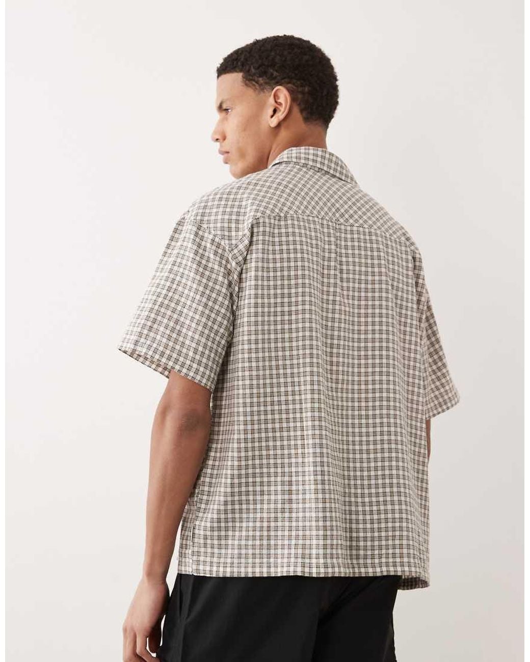 Jack & Jones Gray Linen Blend Cropped Short Sleeve Plaid Shirt for men