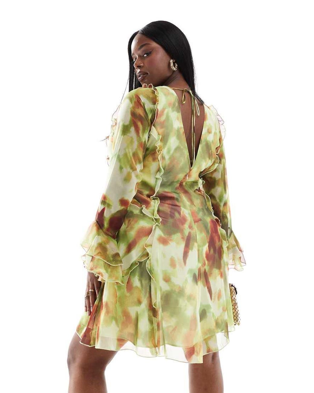 ASOS Green Asos Design Curve Ruffle Tie Front Plunge Mini Dress With Frill Sleeves