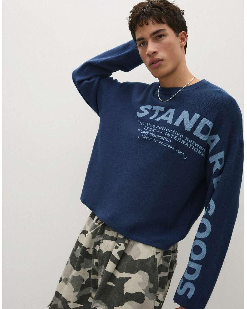 Bershka Blue Textured Print Jumper for men