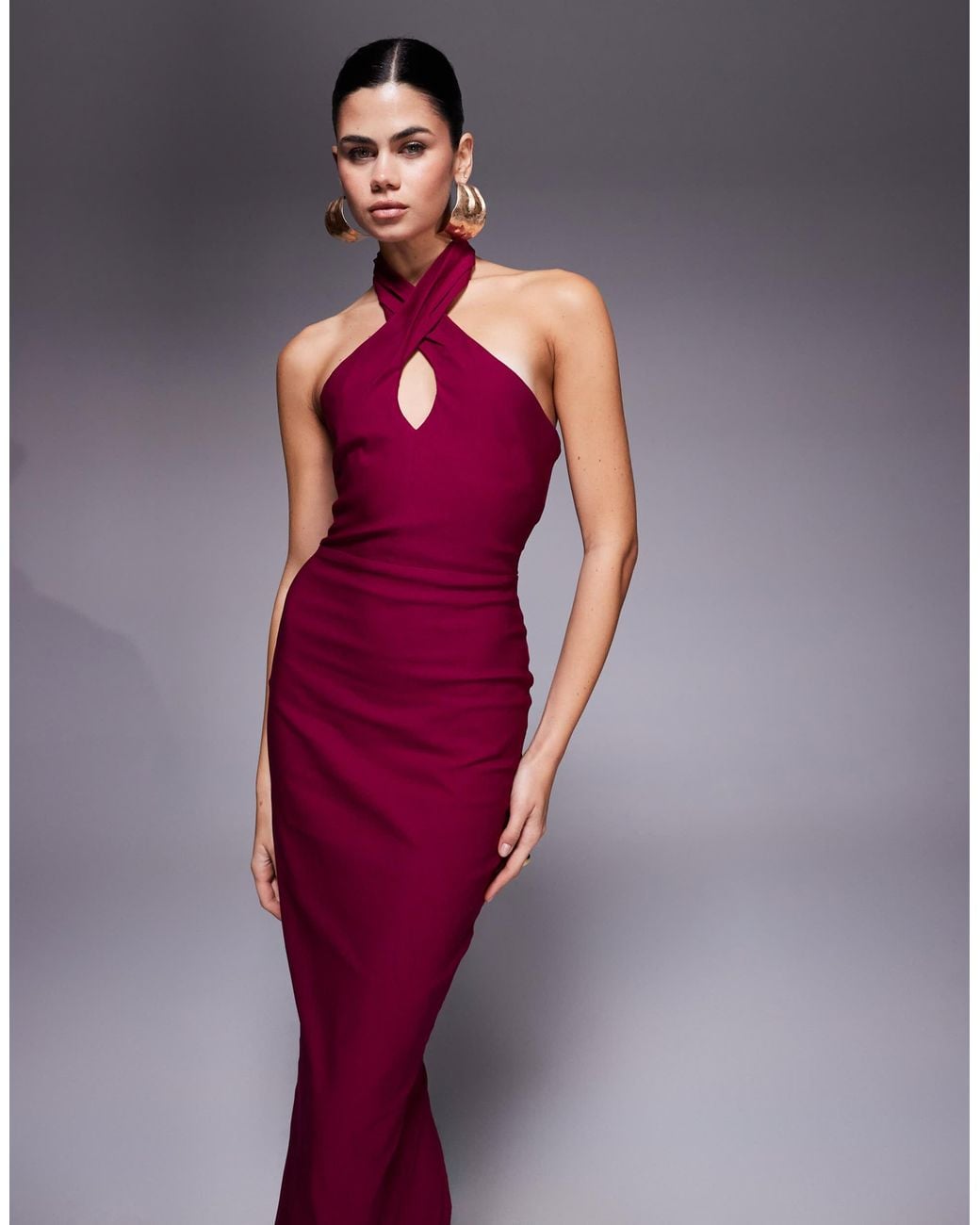 Vesper Bengaline Cross Front Halterneck Keyhole Detail Midaxi Dress in  Purple | Lyst