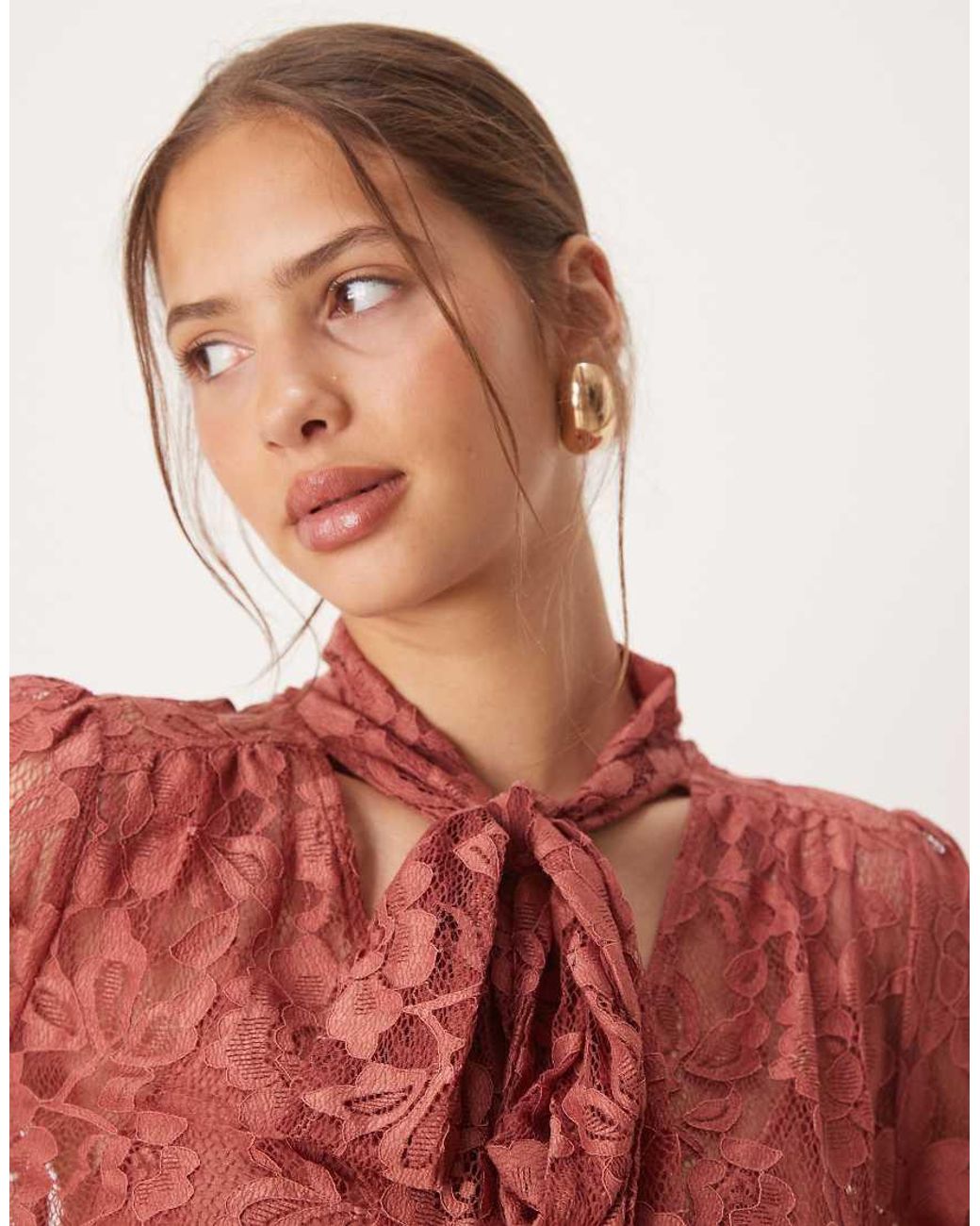 Maya Red Tie Neck Long Sleeve Lace Maxi Dress