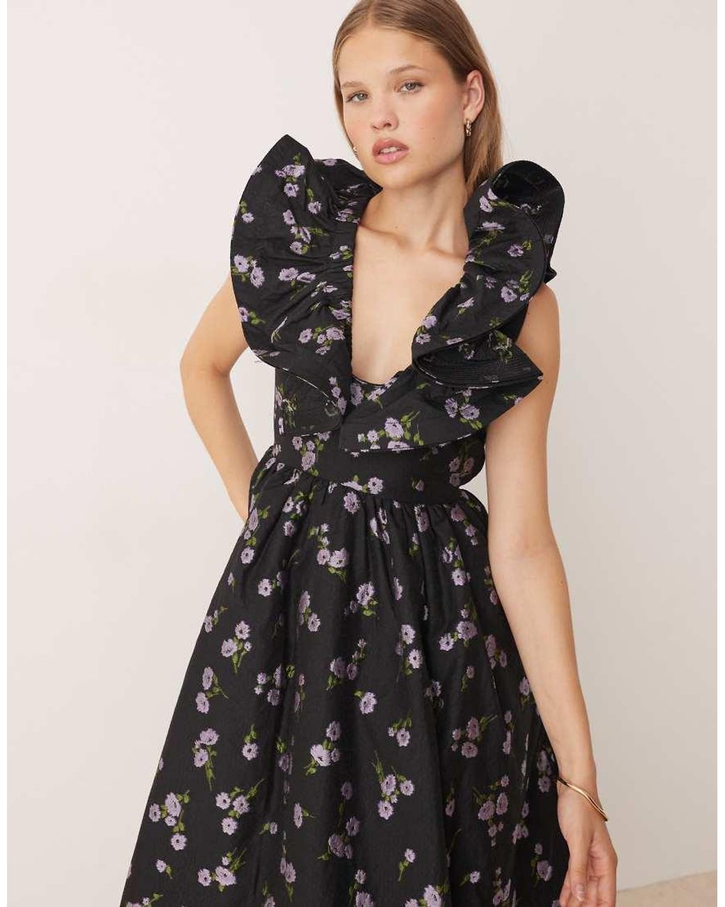 True Decadence Black Ruffle Midi Dress