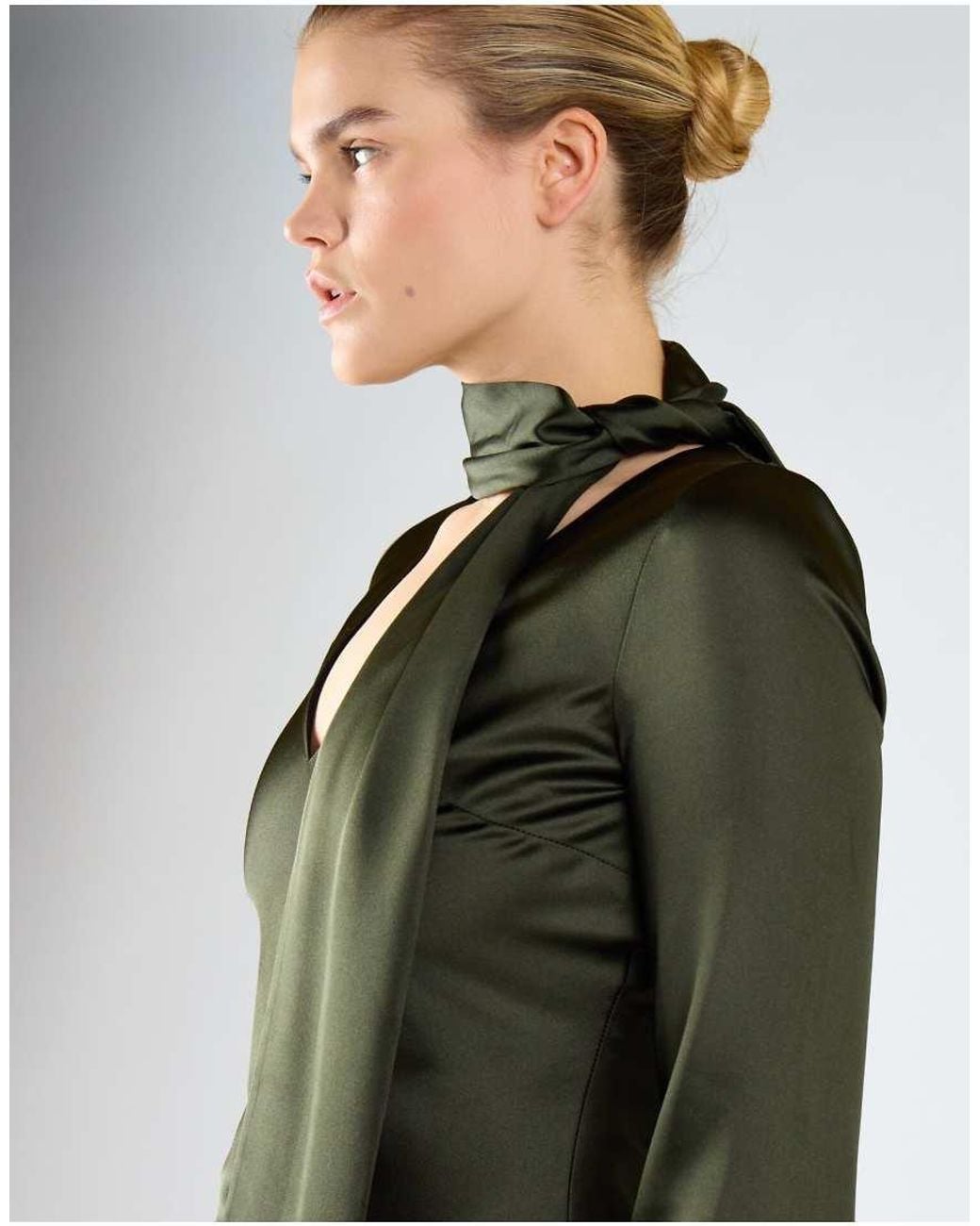 Glamorous Green Long Sleeve Mini Dress With Scarf Detail