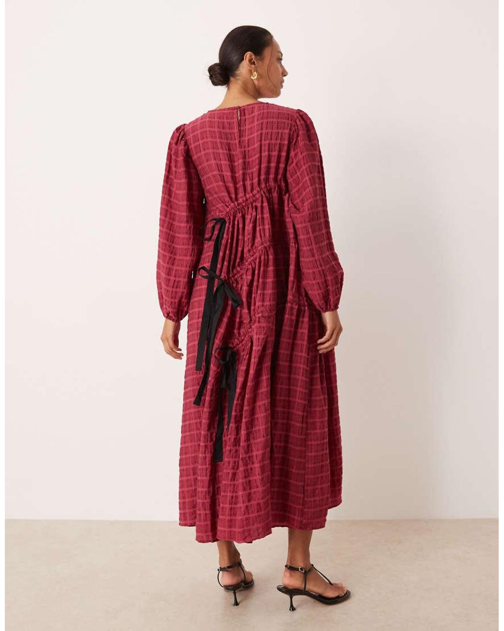Ghospell Red Cotton Rich Ruched Detail Midi Dress