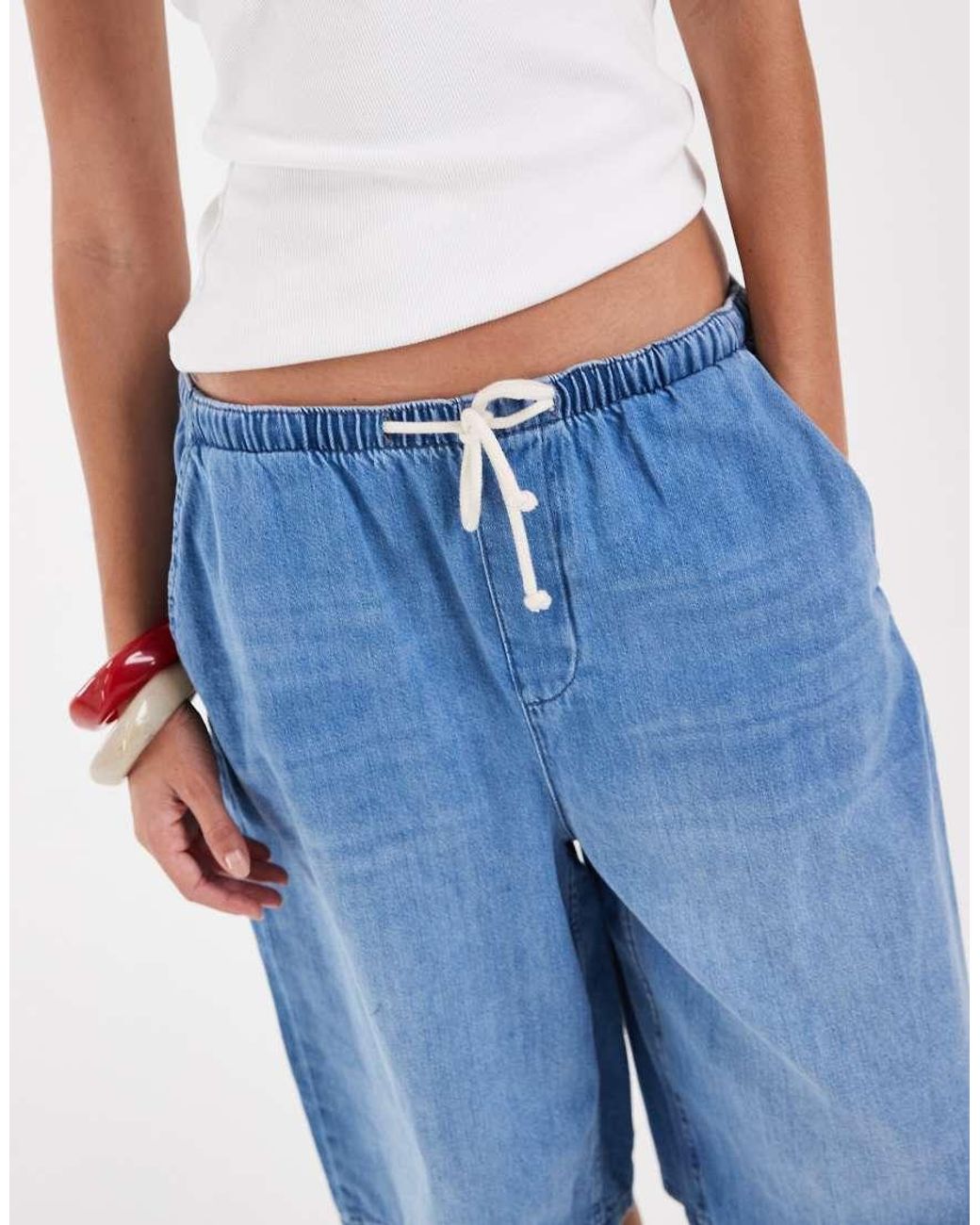 ASOS Blue Denim Loose Bermuda Shorts With Tie Waist Detail