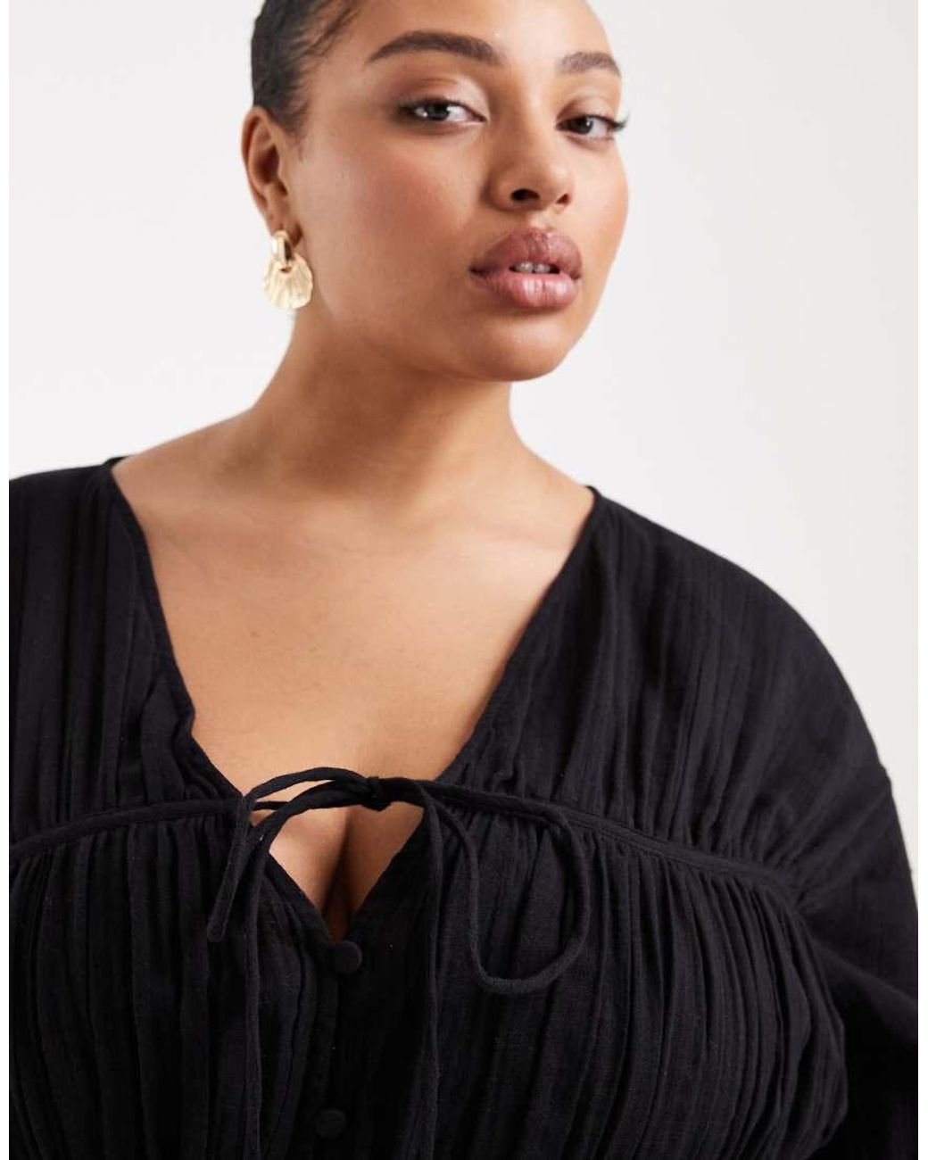 ASOS Black Asos Design Curve Long Sleeve Smock Top With Button Front