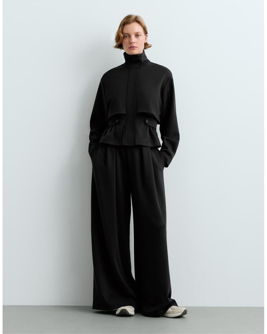 Oysho Black Modal Piqué Wide-Leg Trousers