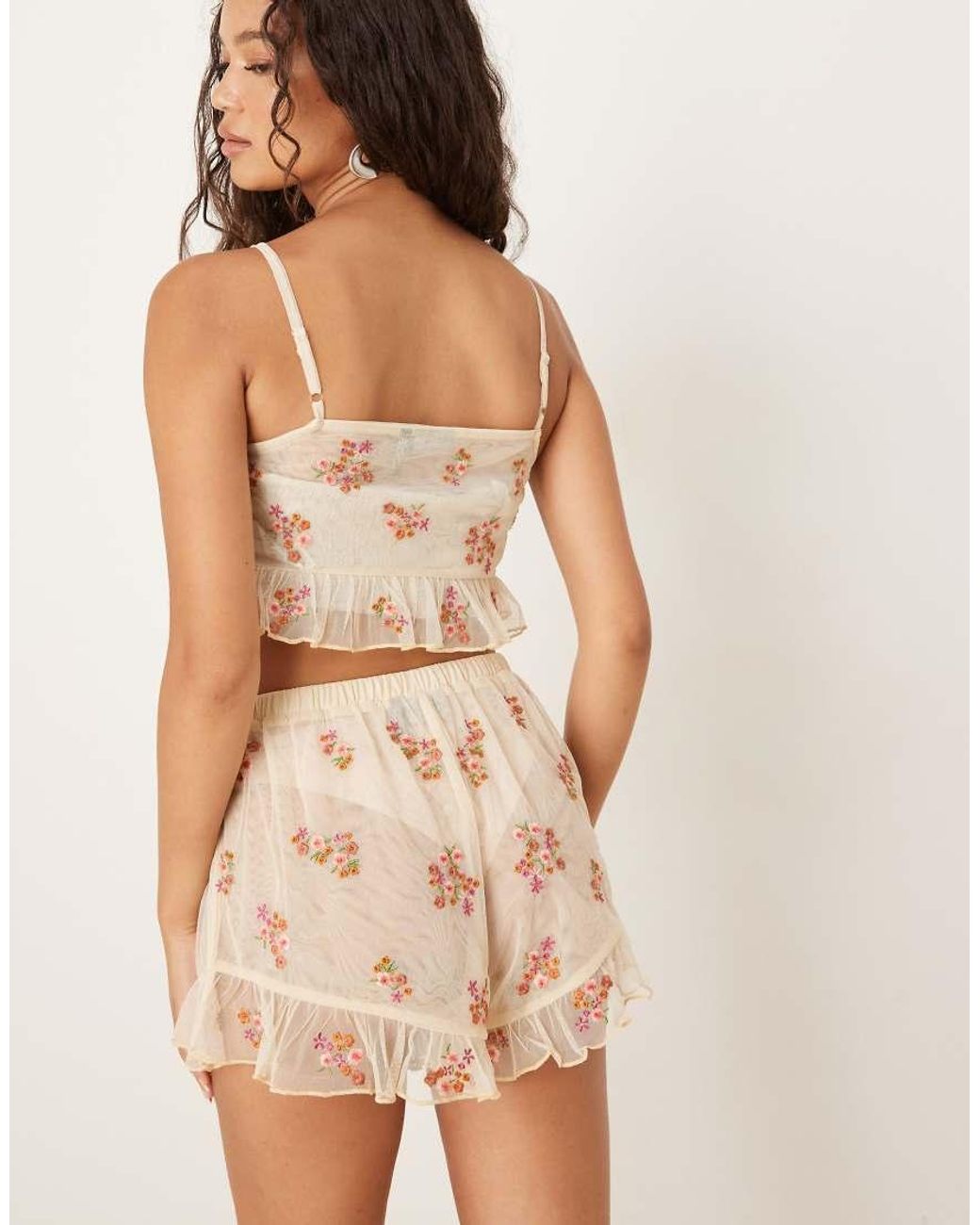 ASOS Brown Sheer Flippy Shorts With Embroidery
