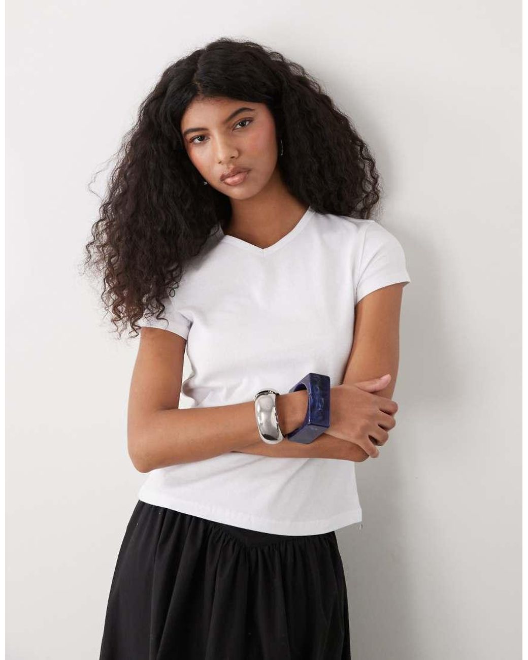 Weekday White Fleur V-neck Slim T-shirt