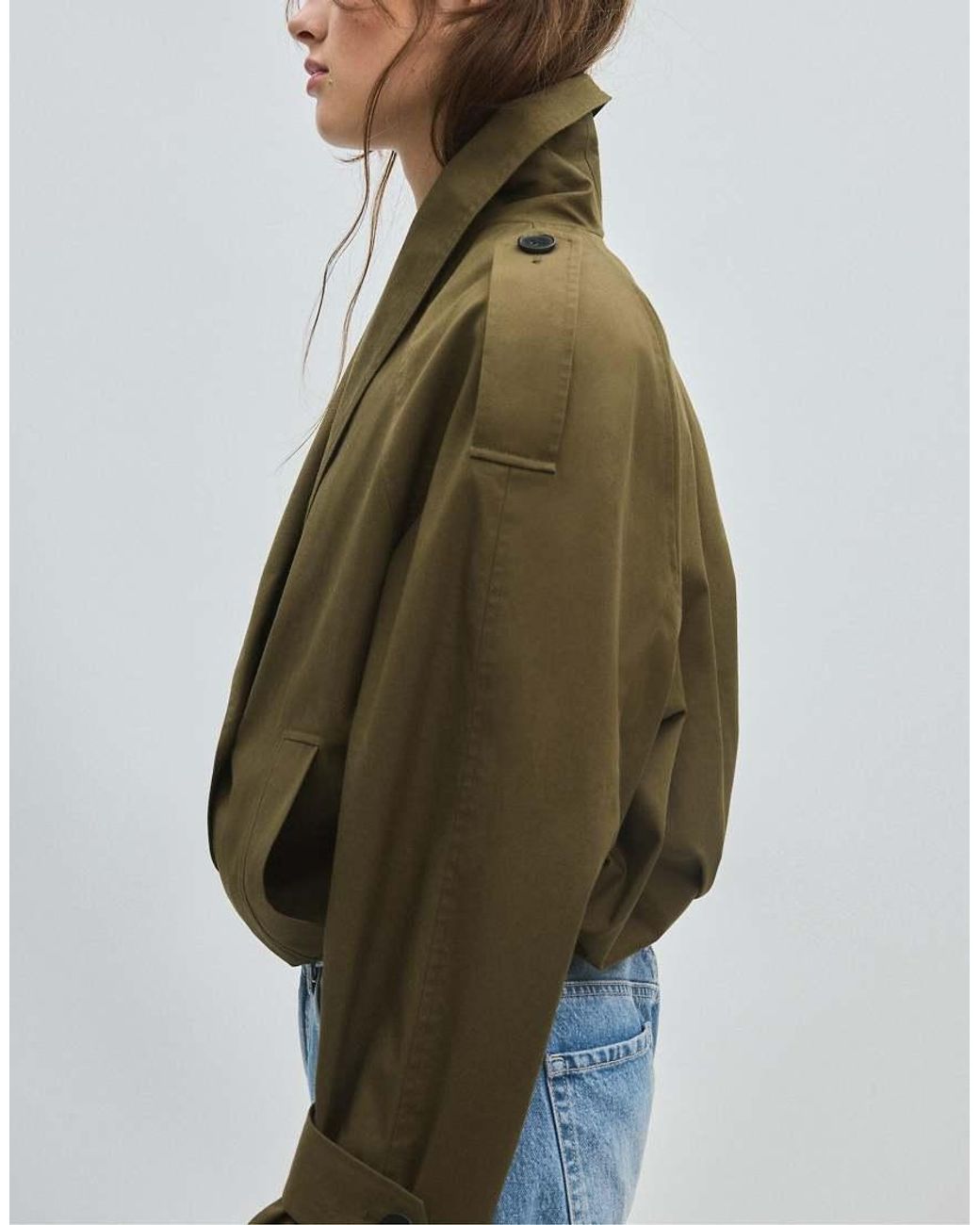 Stradivarius Blue Cropped Shawl Neck Trench Coat