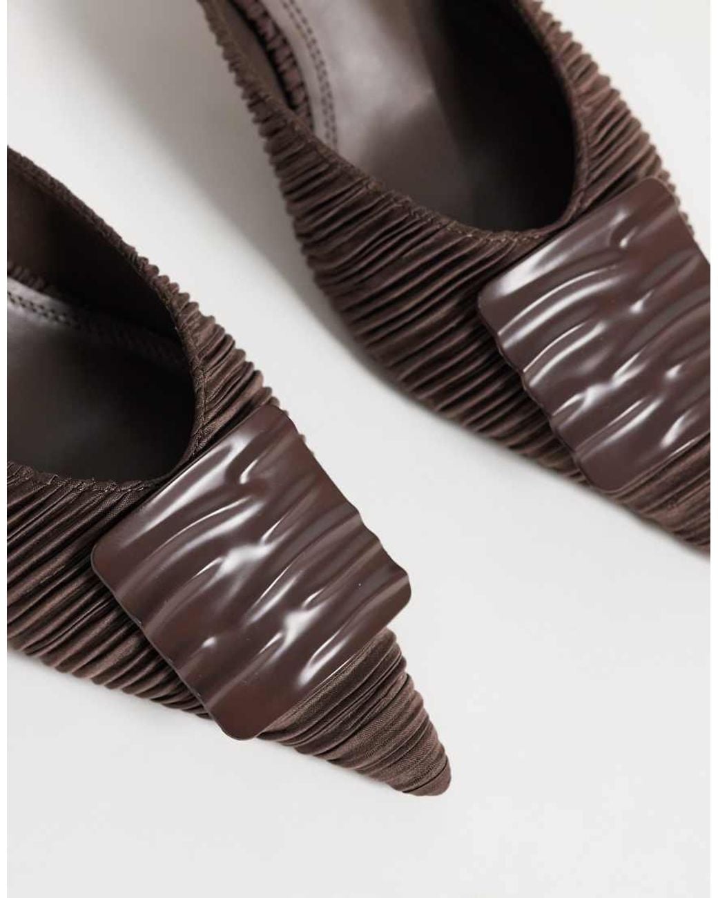 ASOS Brown Surprise Wavy Trim Detail Pointed Kitten Heeled Mules