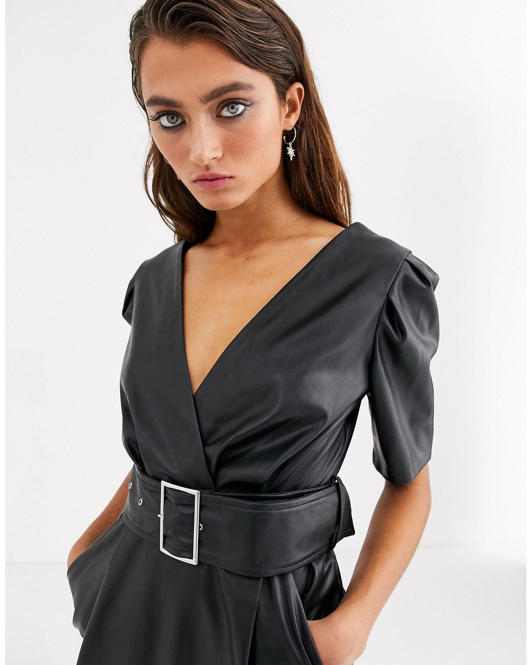 black leather belted dress