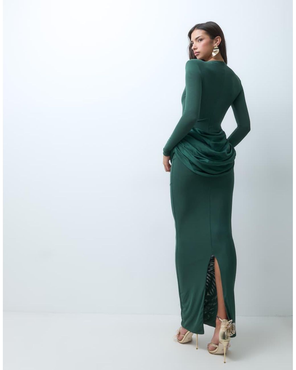 Wanderdoll Green Eman Sculpted Satin Drape Waist Shoulder Pad Detail Maxi Dress