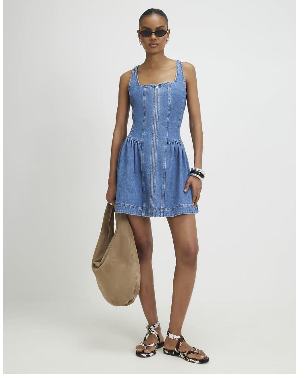 River Island Blue Denim Sleeveless Zip Front Swing Dress