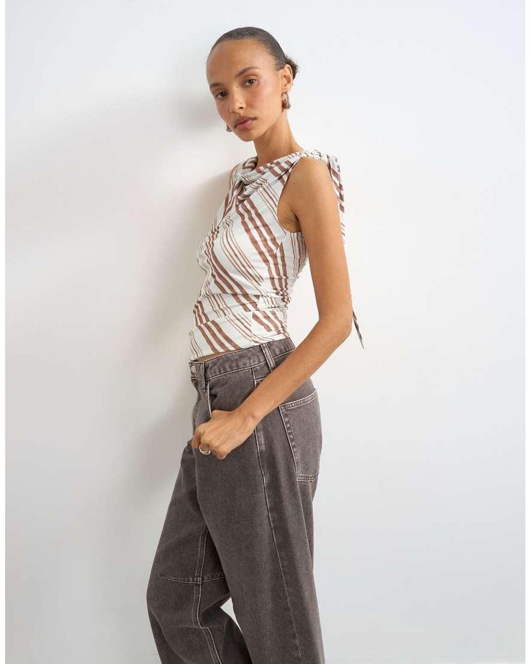 TOPSHOP White Microfibre Stripe Knot Shoulder Tank