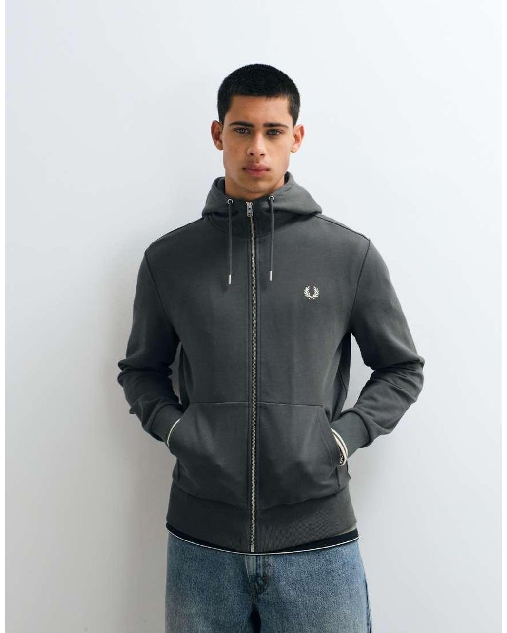 Fred Perry Gray Hooded Zip Through Sweatshirt for men
