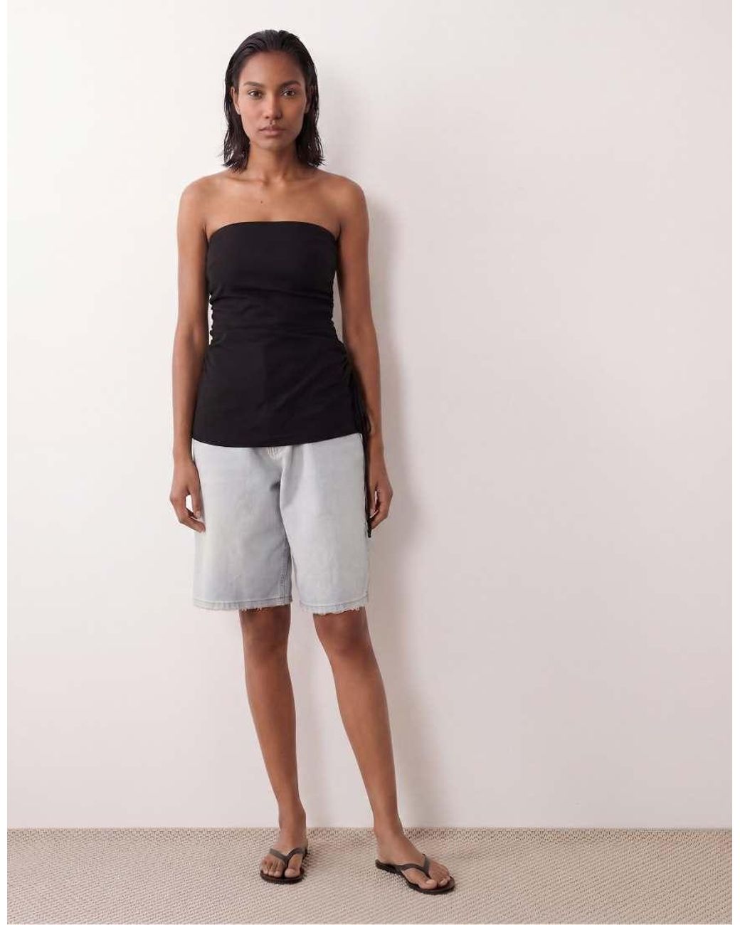 ASOS Black Ruched Side Linen Mix Bandeau Top