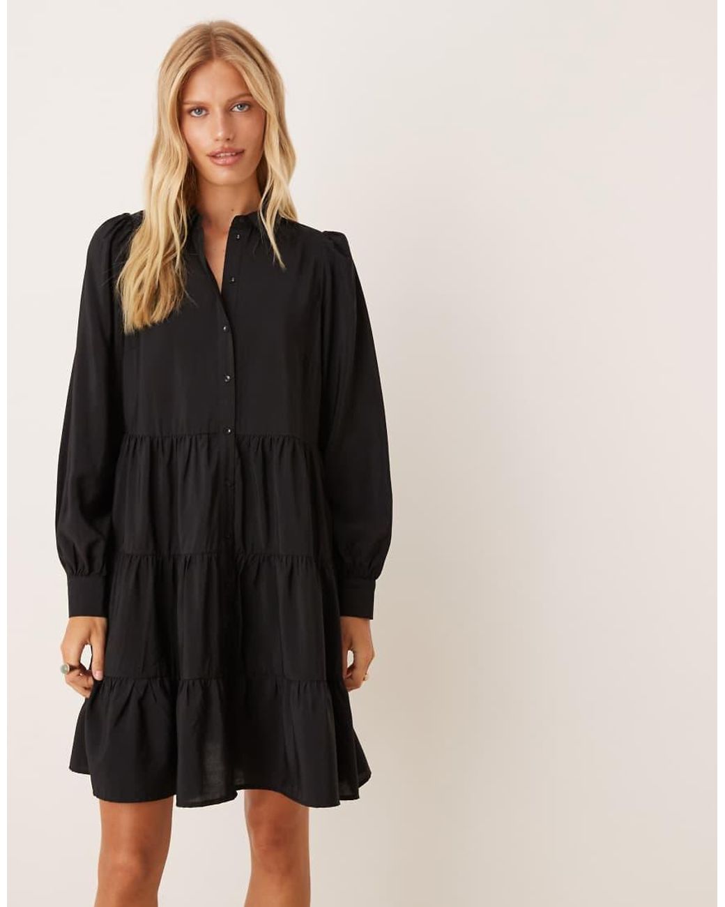 Y.A.S Black Long Sleeve Tiered Mini Shirt Dress