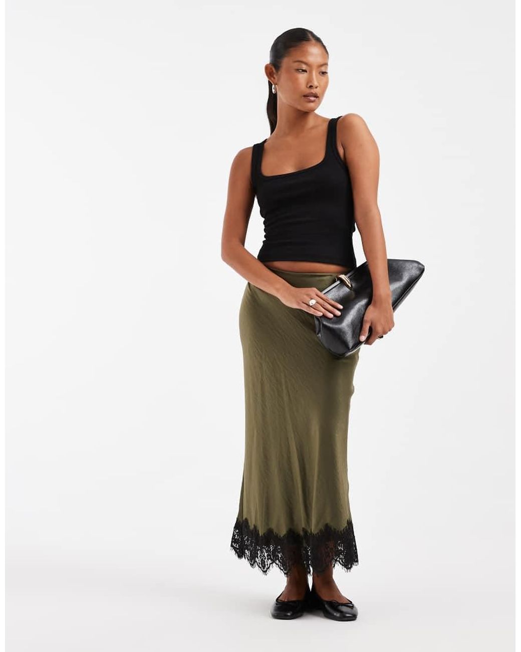 Vero Moda Green Satin Midi Skirt With Lace Detail Hem