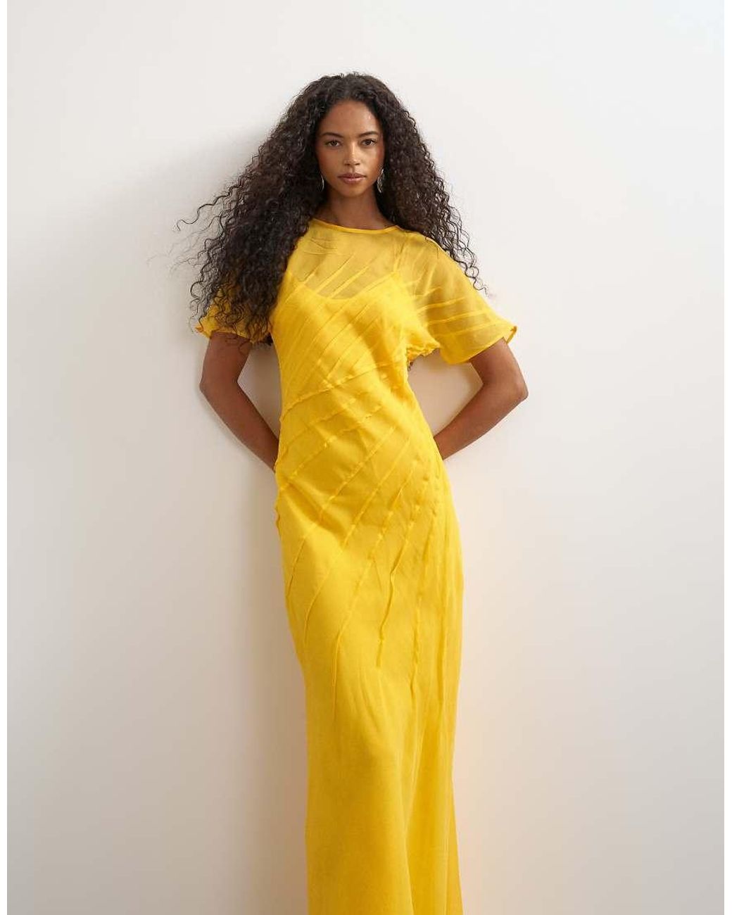 TOPSHOP Yellow Sheer Chiffon Maxi Dress With Pintuck Details