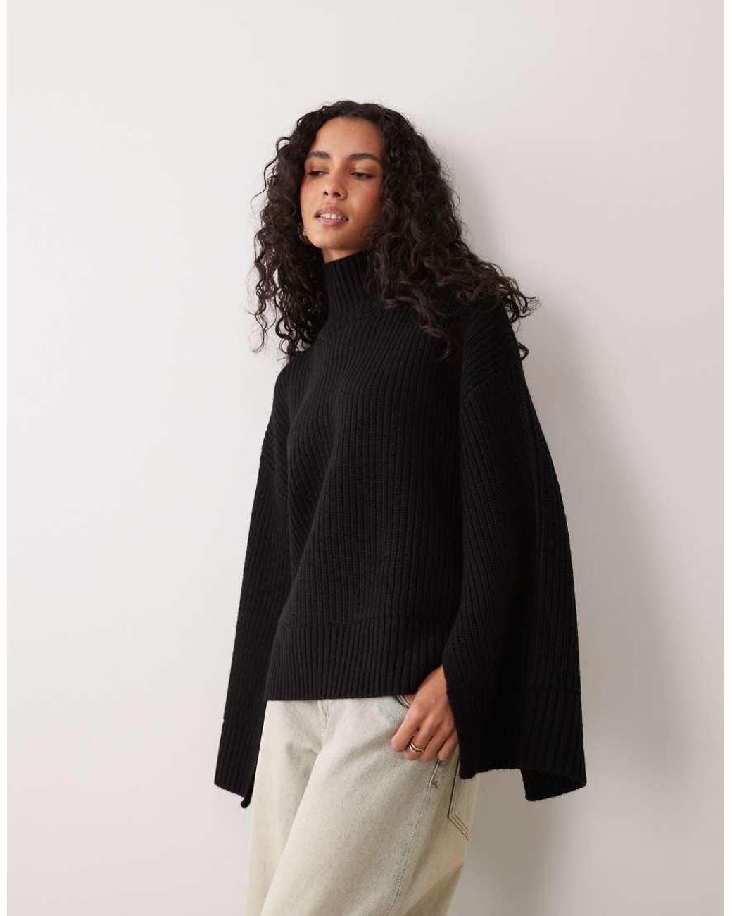 Gina Tricot Black Split Sleeve Detail Knitted Turtleneck Sweater With Wool