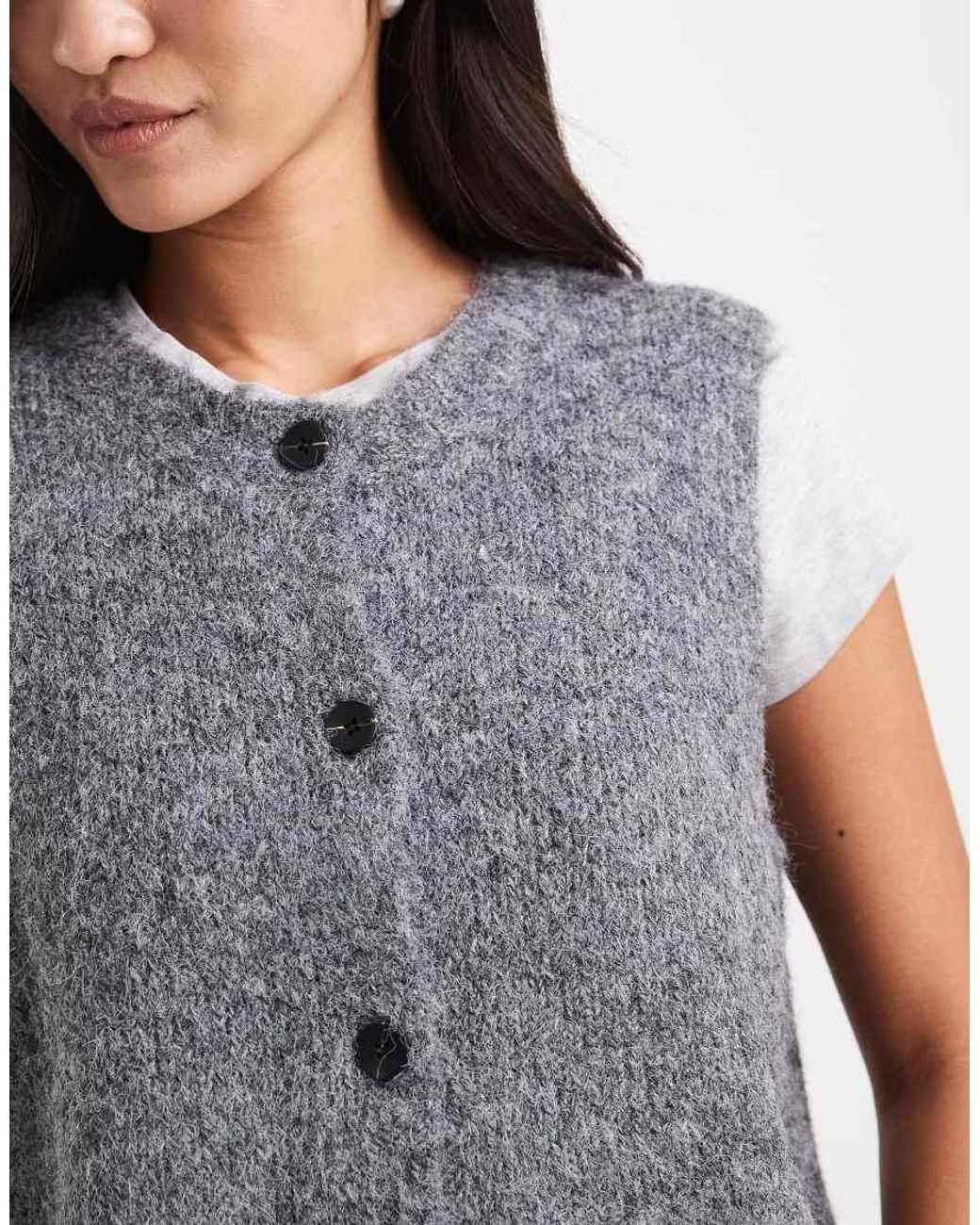 Vero Moda Gray Soft Fluffy Knit Rib Button Front Vest