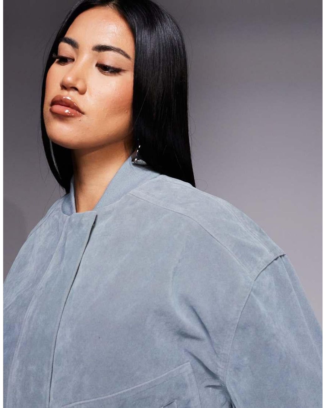 Kaiia Blue Exclusive Faux Suede Bomber Jacket