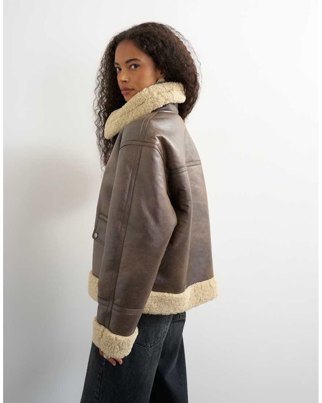 TOPSHOP Black Oversized Shearling Collar Detail Jacket