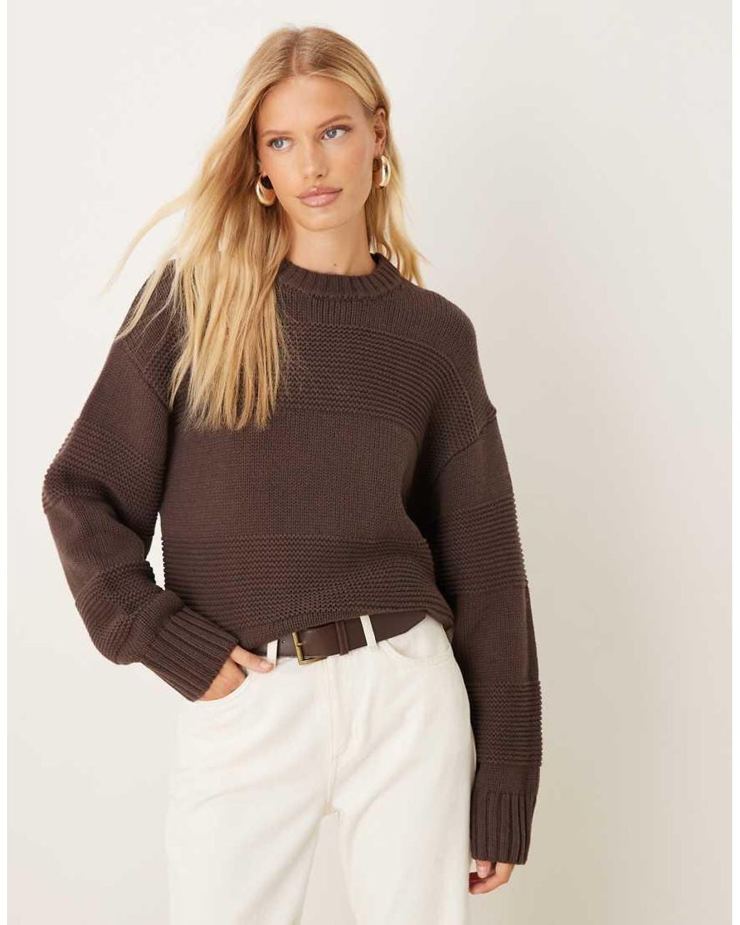 Gina Tricot Brown Crew Neck Textured Stripe Stitch Chunky Knitted Sweater