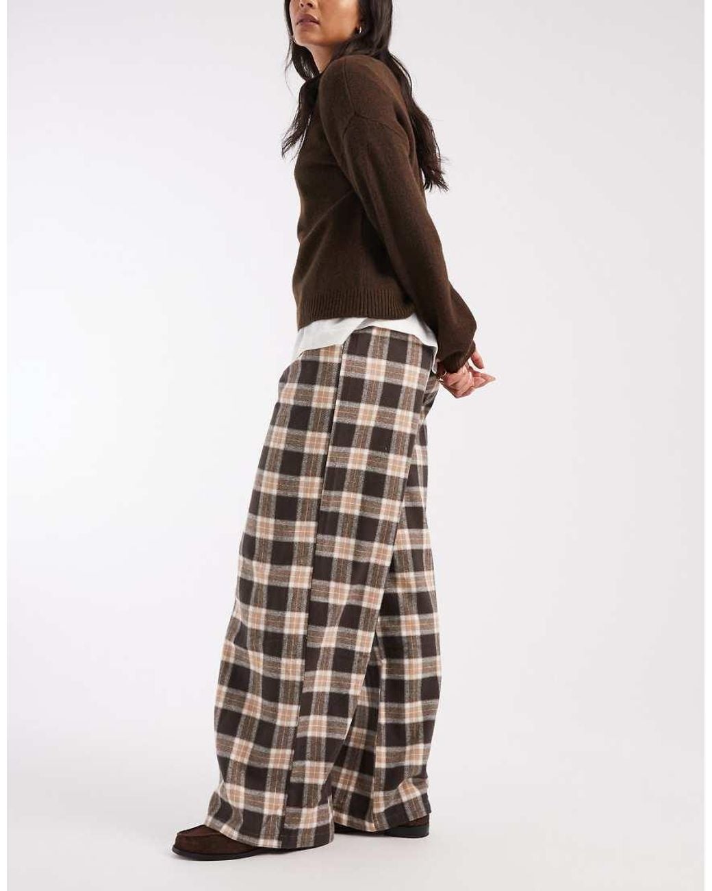 Object Brown Wide Leg Textured Check Trousers
