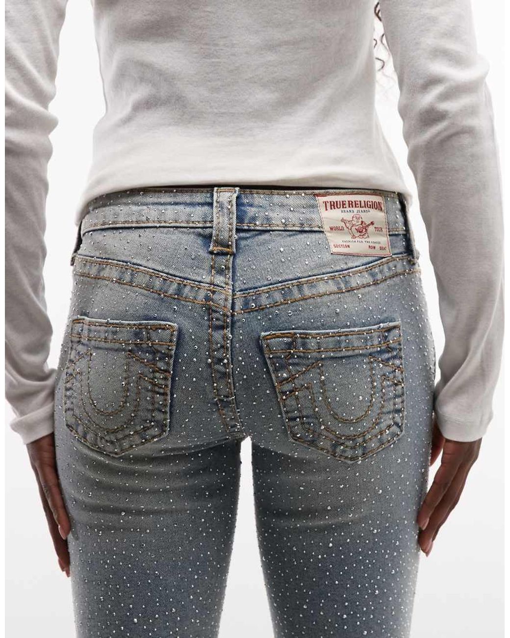 True Religion Blue Rhinestone Embellished Becca Mid Rise Big T Bootcut Jeans