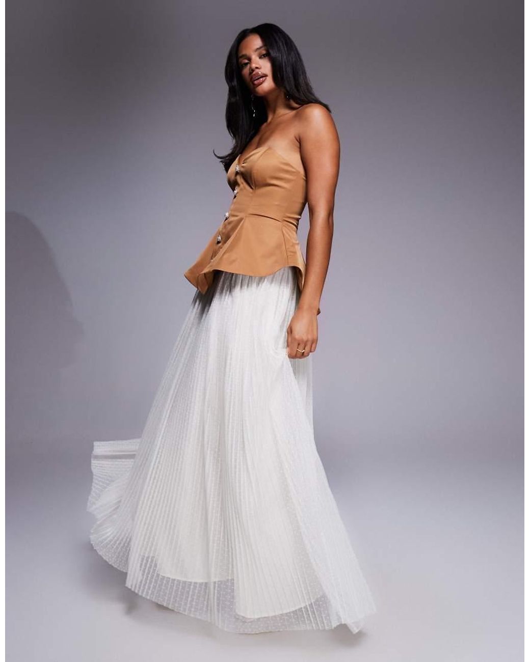 ASOS Gray Sculpted Bandeau Maxi Dress With Pleated Textured Mesh Skirt