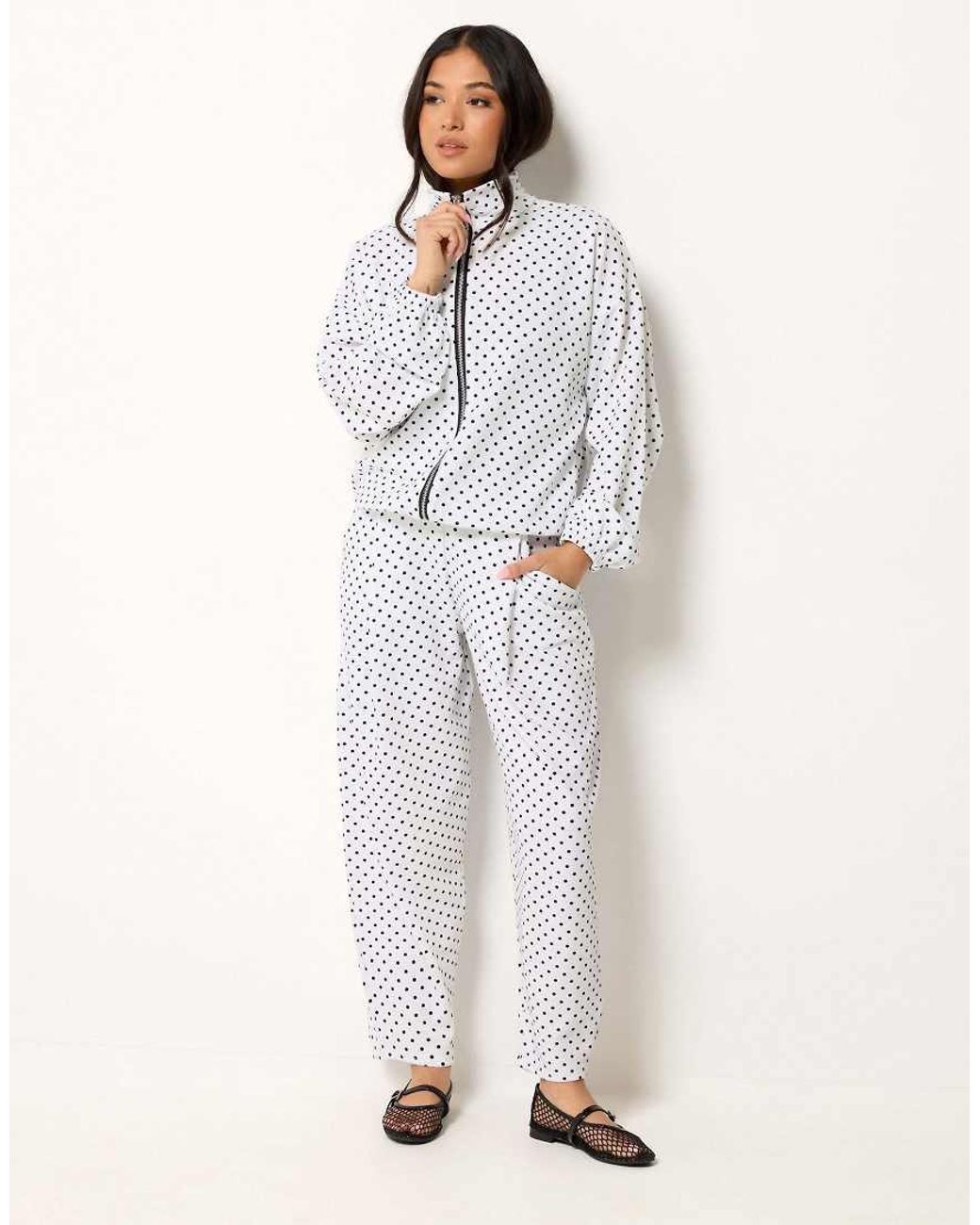 PixieGirl White Petite Polka Dot Funnel Neck Jacket
