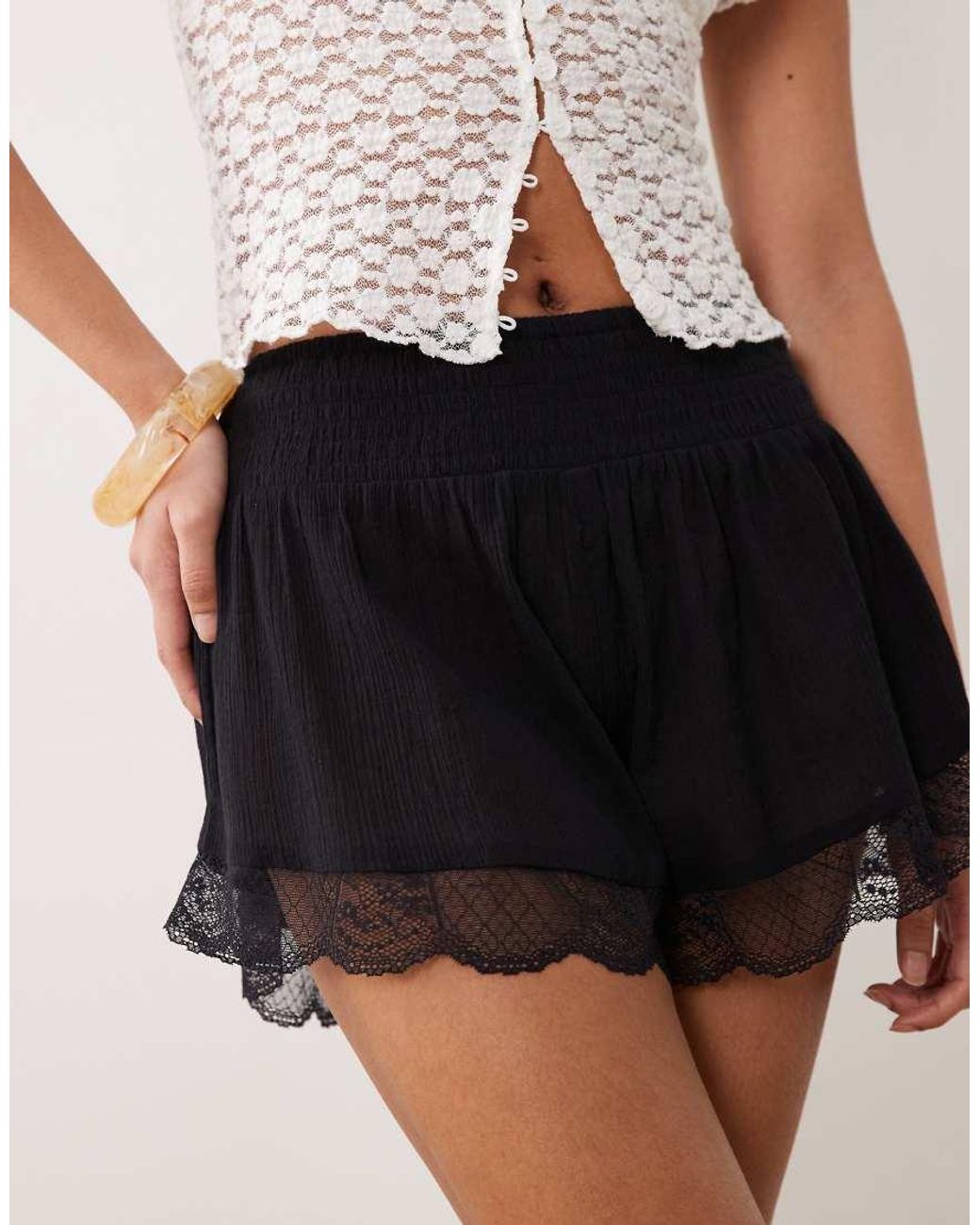 Miss Selfridge Black Beach Shorts With Lace Detail