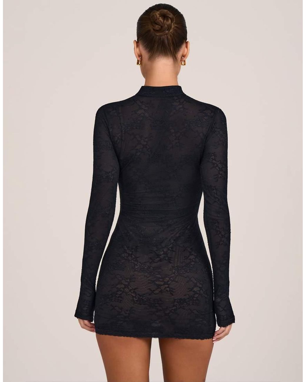 Oh Polly Black Lace Mesh Mandarin Collar Mini Dress