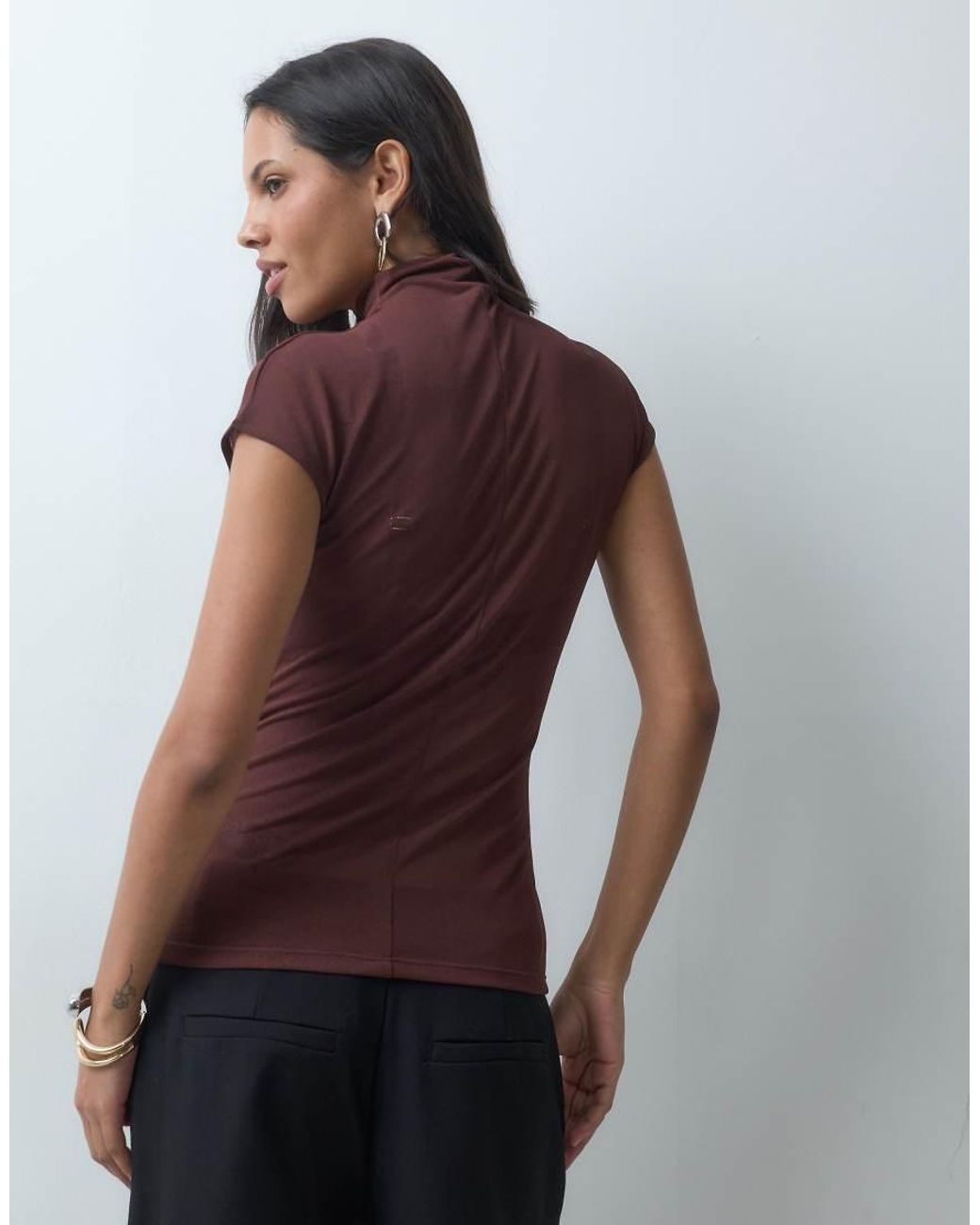 ASOS Brown Sheer High Neck Short Sleeve Top With Seam Detail