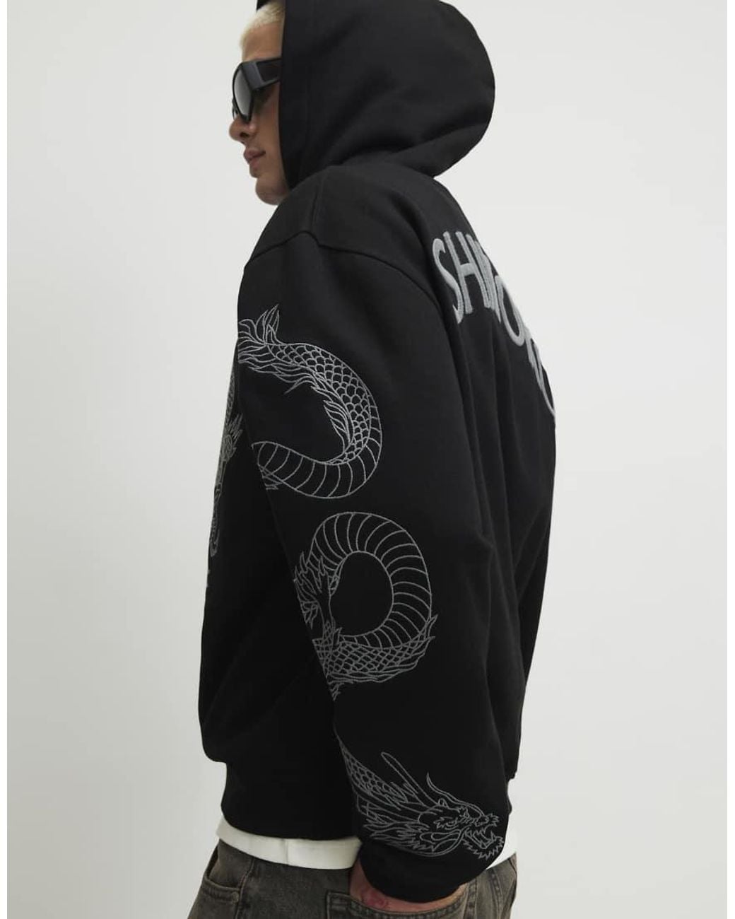 River Island Gray Oversized Fit Embroidered Dragon Hoodie for men