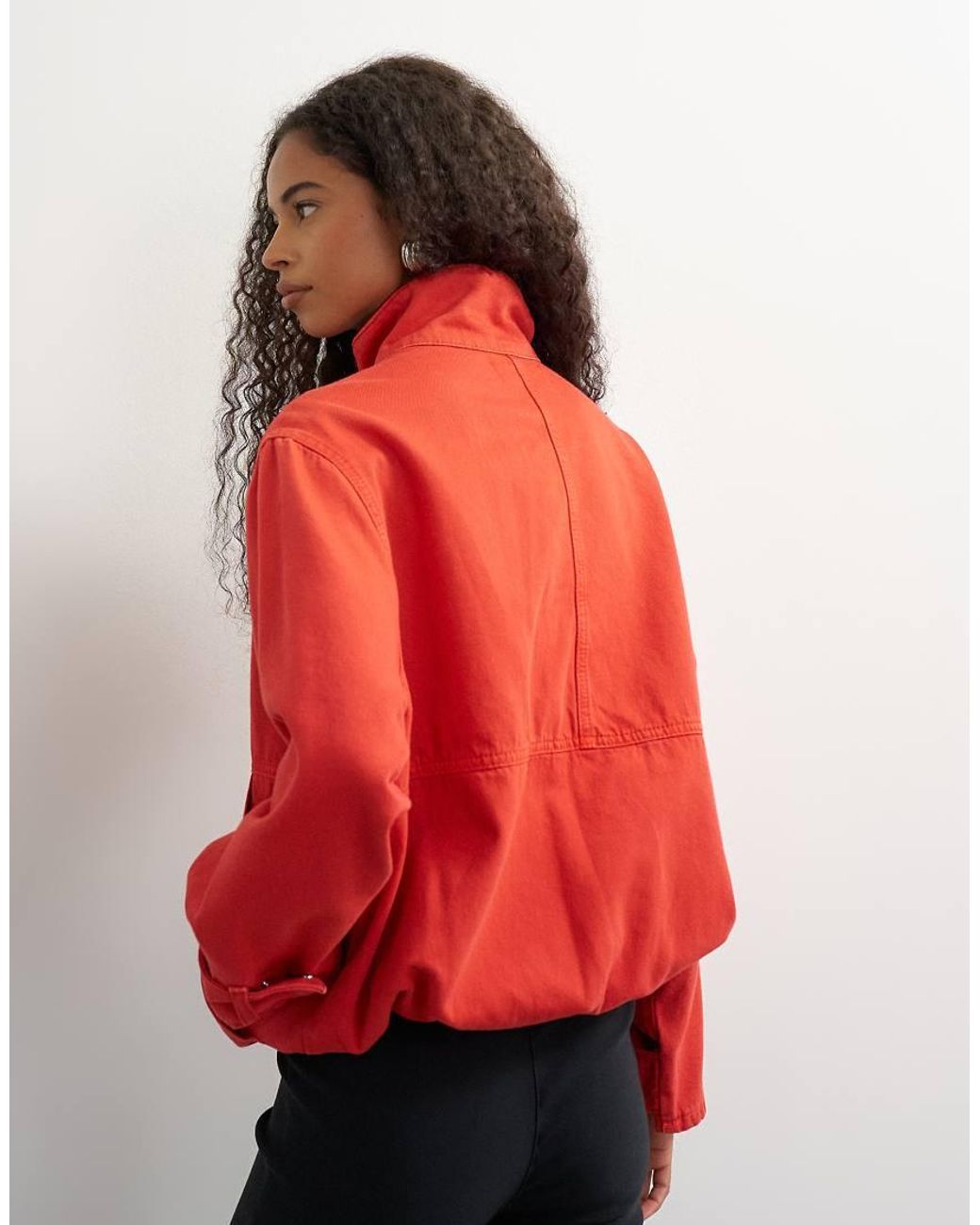 TOPSHOP Red Denim Funnel Neck Bubble Hem Top