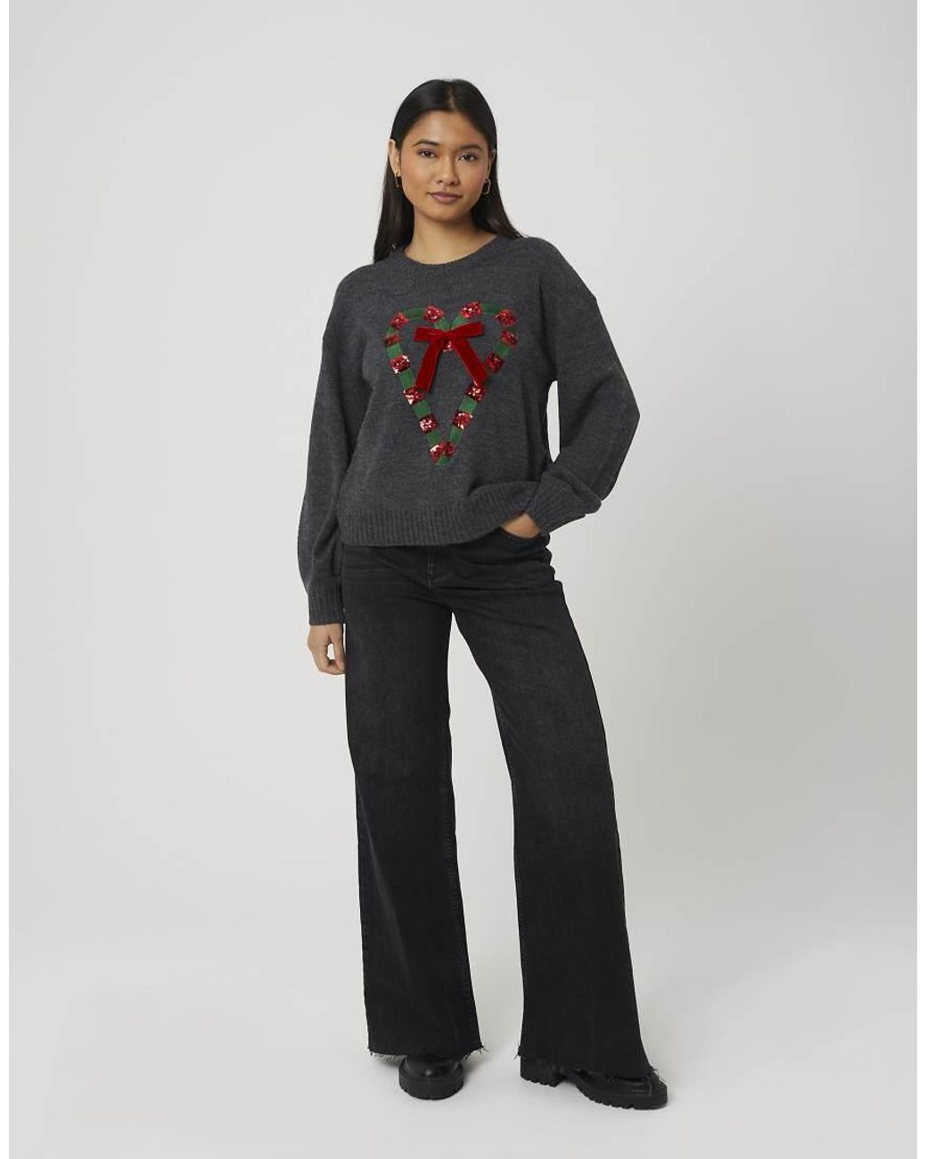 Brave Soul Blue Sequin Candy Cane Christmas Jumper