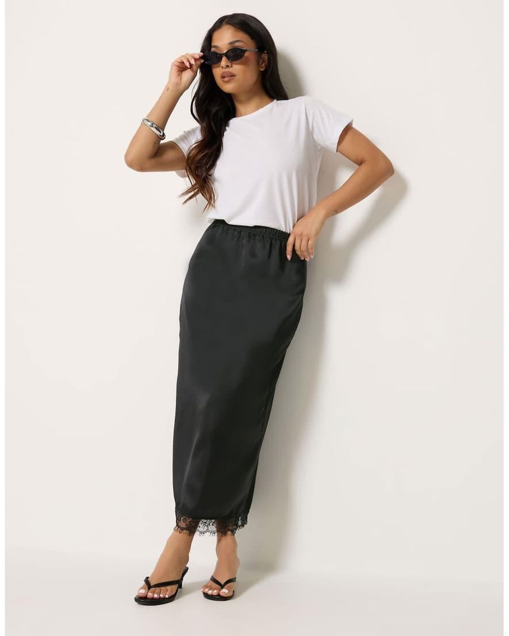 PixieGirl Black Petite Lace Hem Satin Maxi Skirt