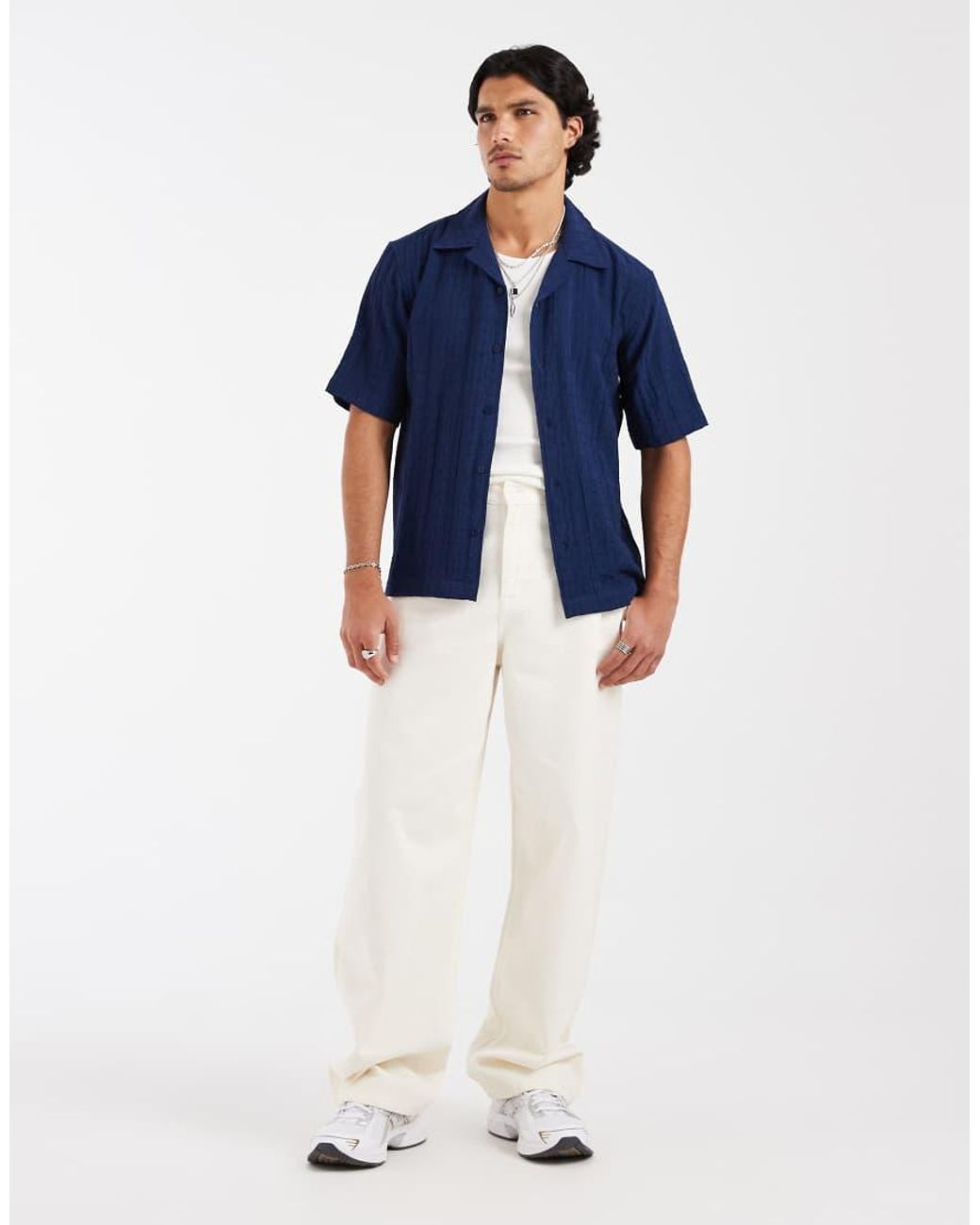 Only & Sons Blue Regular Fit Textured Shirt With Resort Collar for men