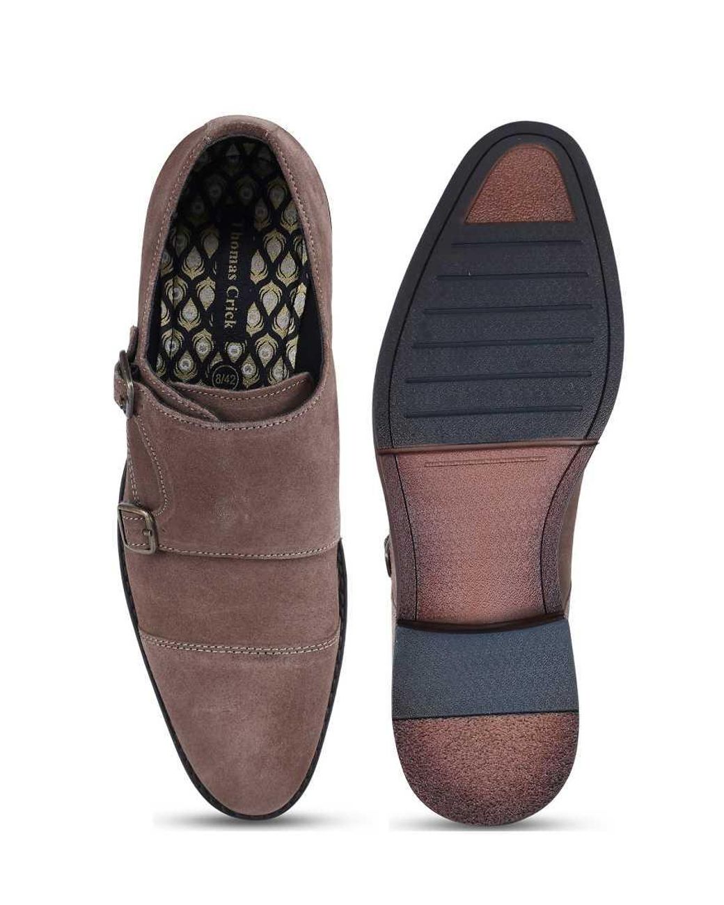 Thomas Crick Brown Aubry Suede Leather Double Monk Strap Shoes for men