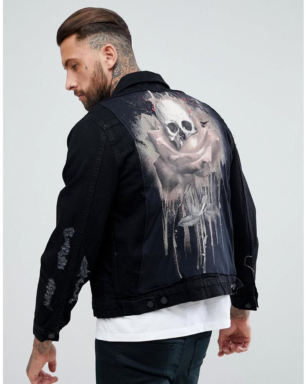 Religion Denim Jacket With Skull Rose 