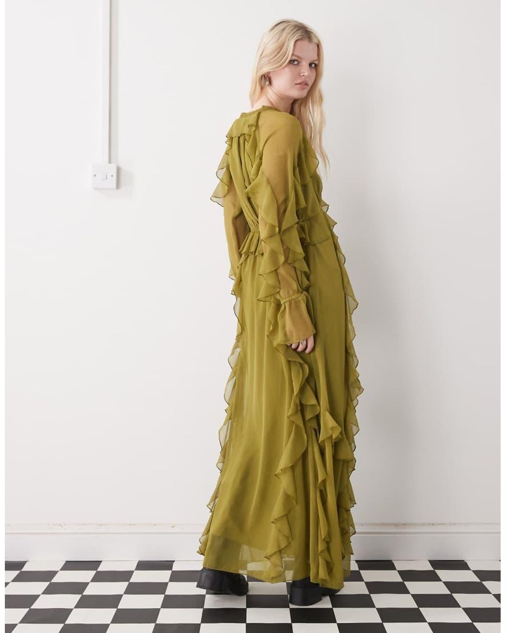 Reclaimed Vintage Green Maxi Ruffle Tea Dress