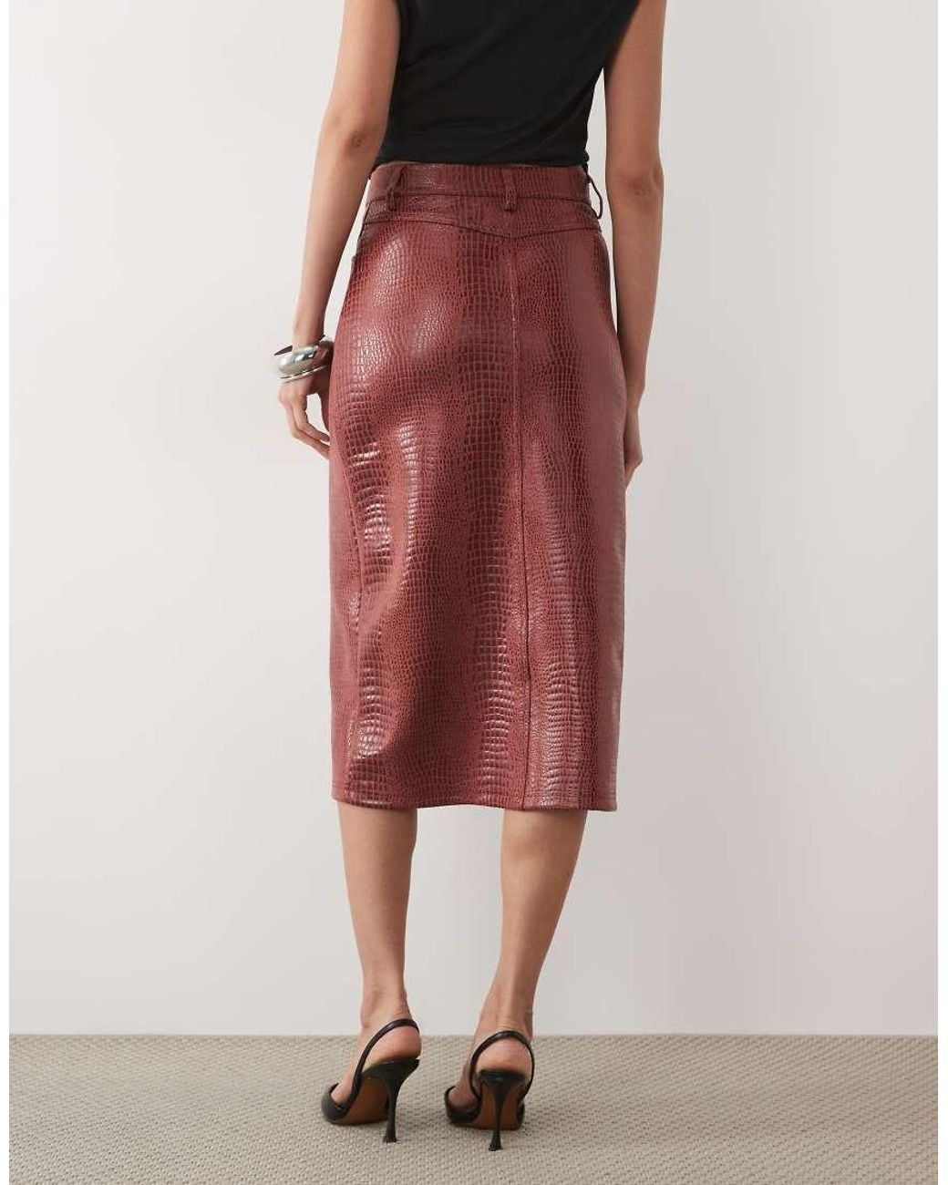ASOS Red Croc Jersey Leather Look Pencil Skirt