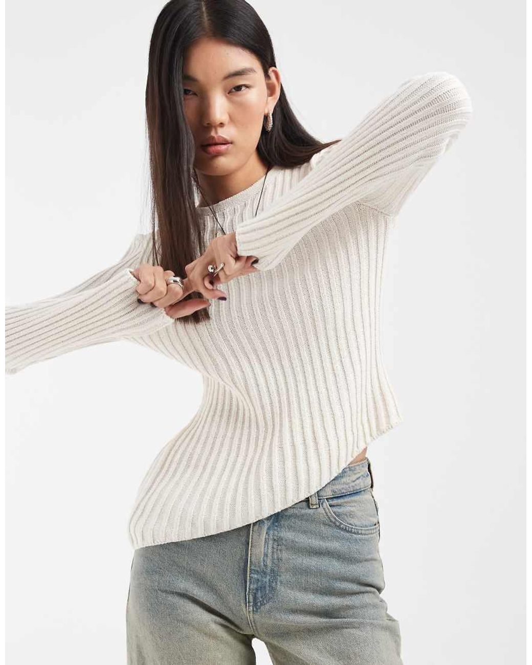 ASOS White Knitted Long Sleeve Ribbed Top With Asymmetric Hem